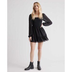 Quince Womens Chiffon Smocked Mini Dress Square Neck Long Sleeve Black XS